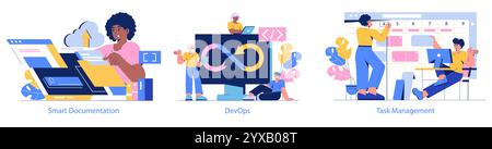 Development Process Automation set. Enhancing productivity through smart documentation, DevOps practices, and innovative task management. Streamlined workflows in modern office settings. Vector illustration. Stock Vector