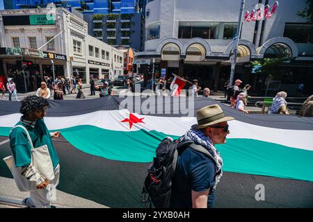 Melbourne, Australia. 15th Dec, 2024. Protesters hold flag of Syria during the rally. Protesters wave Palestinian flags and hold banners calling for an end to genocide and Zionist aggression, chanting in solidarity for Palestinian liberation and justice. (Photo by Ye Myo Khant/SOPA Images/Sipa USA) Credit: Sipa USA/Alamy Live News Stock Photo