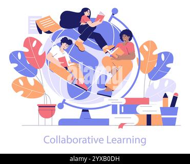 Edtech concept. Diverse students engage in collaborative learning around a globe, symbolizing global education and teamwork. Vector illustration. Stock Vector