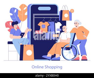 Inclusive online shopping illustration showing diverse family members engaging in e-commerce activities together. Vector illustration. Stock Vector