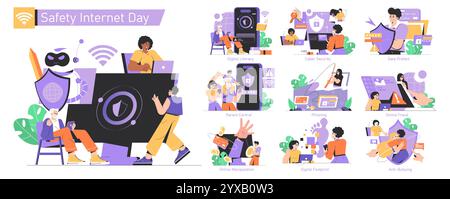 Safety Internet Day concept. People engaging with digital security measures and facing online risks. Diverse scenarios featuring cybersecurity awareness. Vector illustration. Stock Vector