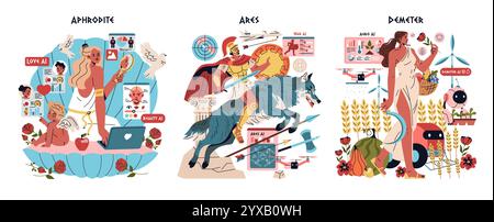 Olympic Gods Synergy AI concept. Aphrodite, Ares, and Demeter portrayed with modern technology attributes. Love, war, and agriculture in the age of AI. Vector illustration. Stock Vector