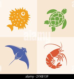 A vibrant vector marine icon set featuring a pufferfish, turtle, manta ray, and shrimp in bold contrasting colors Stock Vector