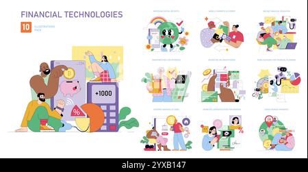 Financial Technologies set. Digital payment methods, cryptocurrency, and online banking education depicted in colorful vectors. Vector illustration. Stock Vector