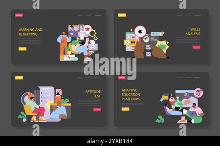 Career change set. Modern professionals engaging in learning, skills assessment, taking aptitude tests, and using adaptive learning platforms. Vector illustration. Stock Vector