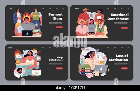 Signs of job burnout, stress and workplace fatigue, mental health icons ...