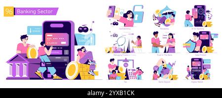 Banking Sector set. Essential financial services and customer interactions. Secure transactions, managing costs, and digital banking tools. Vector illustration. Stock Vector