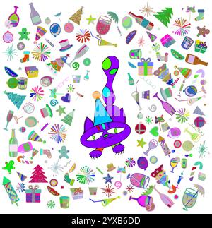 Kids card with cat in party hat New Year props Cartoon vector illustration Stock Vector
