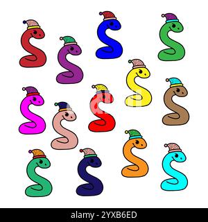 Kids card colorful snakes in holiday hats, Cartoon vector illustration Stock Vector