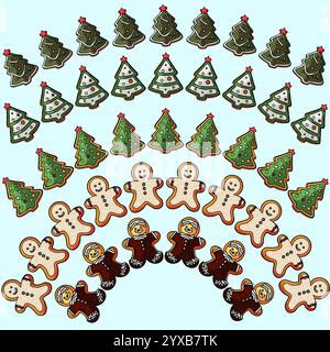 Holiday card with a circular image of gingerbread men and Christmas trees on a white background, vector illustration Stock Vector