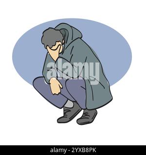 Man holding his head in distress illustration vector hand drawn isolated on white background Stock Vector