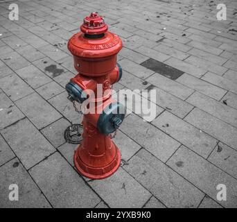 A bright red fire hydrant stands on a clean, paved sidewalk with a gray tiled pattern in an urban environment. Stock Photo