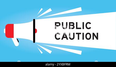 Color megaphone icon with word public caution in white banner on blue background Stock Vector