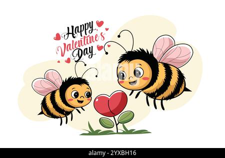Illustration of cute bees celebrating love with heart flower on Valentine's Day on white background. Stock Vector