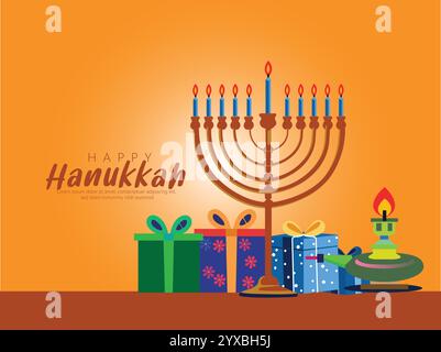 A serene Hanukkah scene featuring Menorah, Gifts, and Festive Desserts. Stock Vector