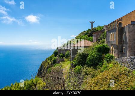 The famous Statue of Cristo Redentore in Maratea, beautiful village overlooking the sea, in the Province of Potenza, Basilicata, Italy. Stock Photo