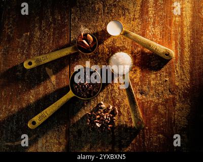 Golden Measuring Spoons with Ingredients Chocolate Cocoa Sugar Milk on distressed wooden backdrop dramatic lighting Stock Photo