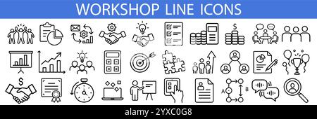 Workshop set of web icons in line style. Business Workshop icons for web and mobile app. Containing team building, teamwork, coaching, meeting, managi Stock Vector