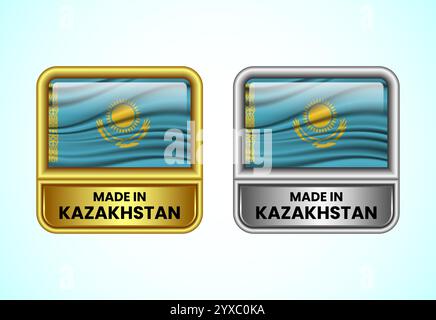 Made in Kazakhstan label icon in gold and silver color. Flag icon set for business Stock Vector