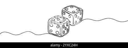Two dices one line vector illustration. Continuous contour drawing of game dice. Stock Vector