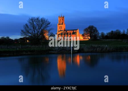 Dusk view of St Marys Church, river Nene, Fotheringhay village, Northamptonshire, England, UK Stock Photo