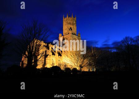 Dusk view of St Marys Church, river Nene, Fotheringhay village, Northamptonshire, England, UK Stock Photo