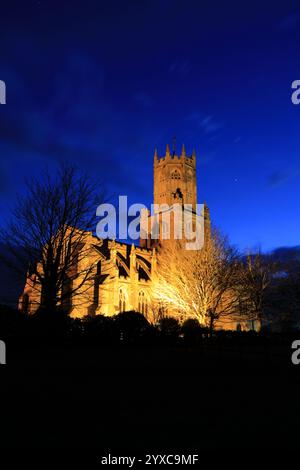 Dusk view of St Marys Church, river Nene, Fotheringhay village, Northamptonshire, England, UK Stock Photo