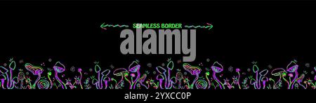 Fantasy mushrooms seamless border. Line art funny floral elements, butterfly. Mushroom sketch wallpaper in 1960s,1970s style in neon green and pink Stock Vector