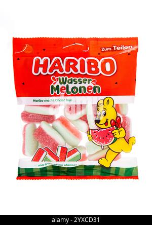 LONDON, UK - DECEMBER 09, 2024: Pack of Haribo jelly gummy candies with watermelon flavour on white. Stock Photo