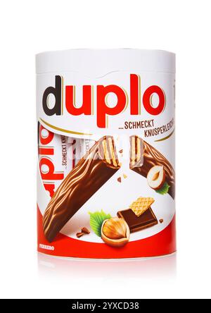 LONDON, UK - DECEMBER 02, 2024: Duplo chocolate bar with wafer and hazelnut on white background. Stock Photo