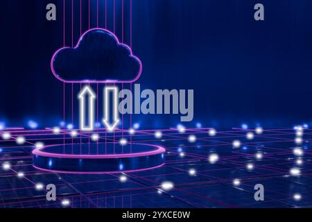 Digital cloud icon with upload and download arrows on a futuristic blue background. 3d rendering Stock Photo