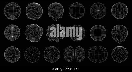 Wireframe 3D sphere mesh grid. Digital ball, abstract circle, distorted and melted geometric spheres with dots connected by lines. Cyber globe and Stock Vector