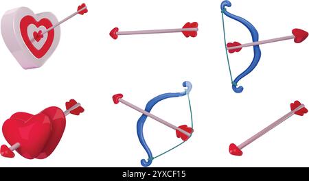 Cupid bow and arrow. 3D heart shaped target, love arrows and romantic bows, glossy hearts couple. Valentines Day archery realistic isolated vector set Stock Vector