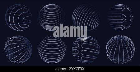 Sphere 3d wireframe lines. Abstract glowing digital globe designs with geometric curved line patterns, global networks spherical shapes and futuristic Stock Vector