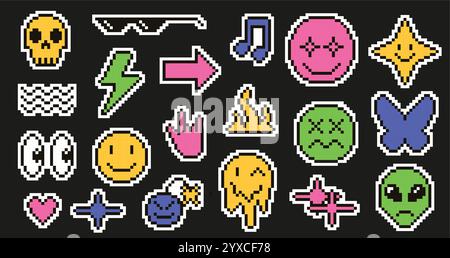 Pixel art emoji stickers. Retro pixelated 8 bit Y2K symbols, cool glasses, arrow, lightning bolt, flame and looking eyes. Skull, smile bomb, alien Stock Vector