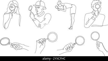 Linear looking through magnifying glass. Minimalist continuous one line people and detective hands using magnifiers in various poses for search Stock Vector
