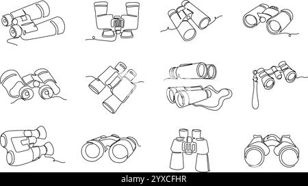 Continuous one line binoculars. Hand drawn adventure binocular in different angles, field glasses with zoom lenses for outdoor observation and Stock Vector