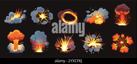 Cartoon explosion effects. Fire burst with dynamic smoke clouds, glowing sparks and fiery blasts. Explosive impact action visuals, bomb explosions Stock Vector