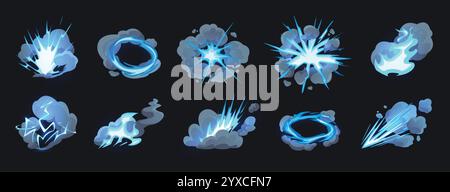 Cartoon energy explosion effects. Glowing bursts with dynamic smoke clouds, lightning sparks and energy blasts. Impact futuristic explosions for Stock Vector
