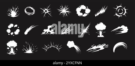 Cartoon energy explosion shapes. Dynamic blast waves with smoke clouds, fire flames, sparks and impact bursts. Energetic explosions visual effects Stock Vector