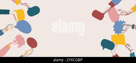 People offering ideas frame collage. Mixed media halftone hands holding colorful speech bubbles. Brainstorming, communication and collaboration Stock Vector