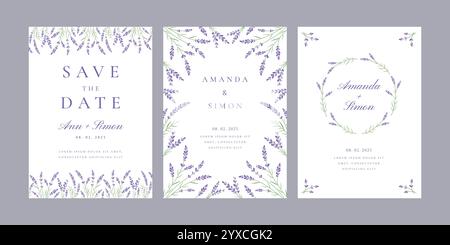 Lavender flower event card templates. Elegant floral wedding invitations with date and couple names decorated with lavender sprigs frames. Save the Stock Vector