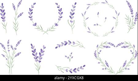 Provence lavender flowers. Delicate floral wreath frames, hand drawn lavender branches and flowers. Botanical decor for wedding invitations and Stock Vector