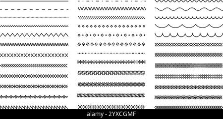 Simple geometric line borders. Minimal decorative dividers and border patterns with dashed, zigzag, wavy and diamond shapes for page decoration Stock Vector