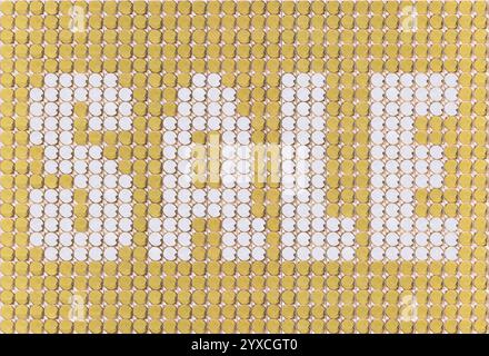 A sale panel made of circular golden dots arranged in white letters characters on a gold background creating an eye-catching and elegant design. Stock Photo