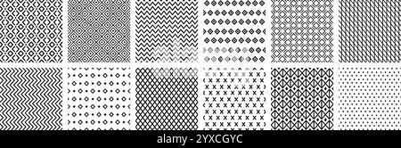 Simple abstract geometric line seamless patterns. Minimalist backgrounds with zigzag lines, linear hatch grids and diamond shapes. vector collection Stock Vector