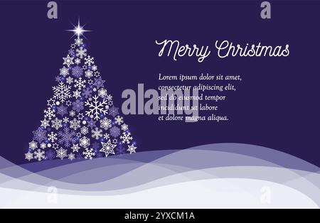 Merry Christmas greeting card, sample text postcard shining christmas tree made from various white snowflakes, lights stars on wavy hills, dark blue Stock Vector