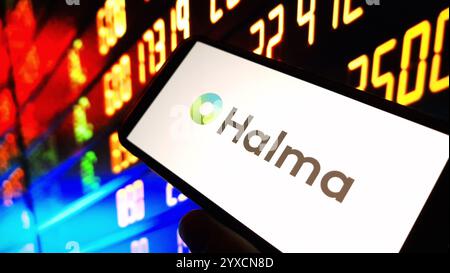 Konskie, Poland - December 14, 2024: Halma plc company logo displayed on mobile phone Stock Photo