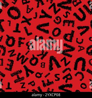 Doodle alphabet seamless background.  Endless vector pattern with black letters on a red background. Stock Vector