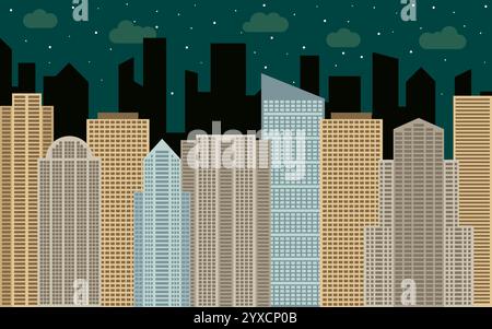 Night urban landscape. Street view with cityscape, skyscrapers and modern buildings at sunny day. City space in flat style background concept. Stock Vector